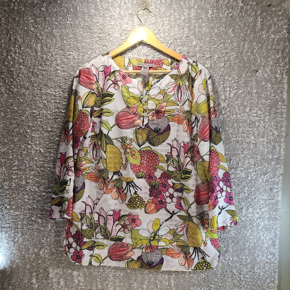 Sharon Young Women's Floral Tunic Top Size Small Round Neck Polyester Artsy